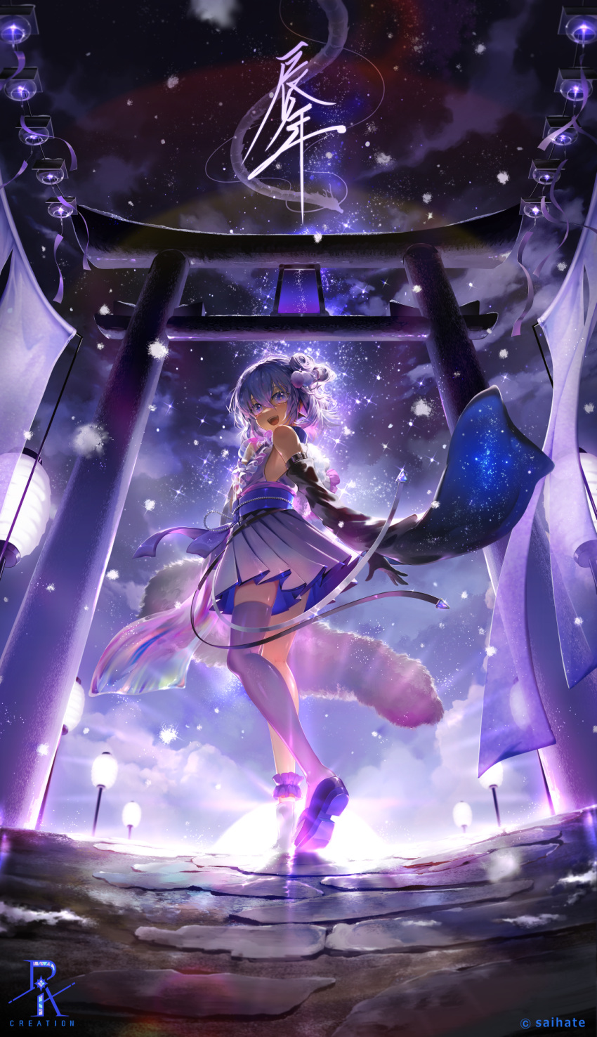 1girl bare_shoulders chinese_zodiac detached_sleeves dragon eastern_dragon from_below gloves hair_bun highres lantern looking_at_viewer nengajou new_year night night_sky original pleated_skirt purple_hair saihate_(d3) single_side_bun single_thighhigh skirt sky smile solo star_(sky) starry_sky starry_sky_print sunrise thigh-highs torii violet_eyes year_of_the_dragon
