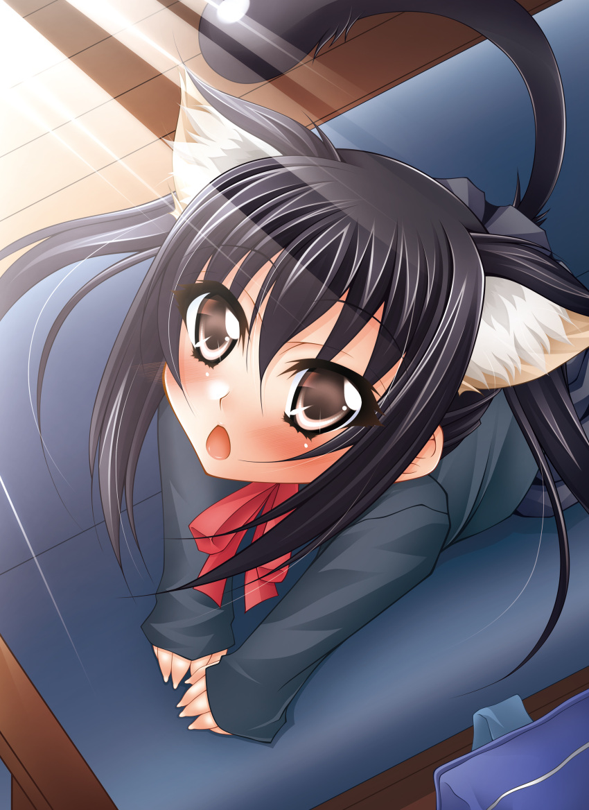 animal_ears black_hair blush brown_eyes cat_ears cat_tail highres k-on! long_hair nakano_azusa necktie open_mouth school_uniform tail twintails yukito yukito_(chronicle)