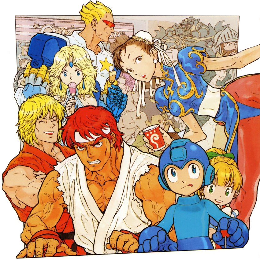 :q ^_^ arcade armor beard bent_over blonde_hair blue_eyes bow bracelet brown_eyes brown_hair bun_cover capcom captain_commando china_dress chinese_clothes chun-li circlet clenched_teeth closed_eyes crossover cup double_bun drink earrings facial_hair food forgotten_worlds green_eyes hair_bow headband helmet hibiki_dan highres jewelry joystick ken_masters kinu_nishimura laughing lipstick looking_back lost_worlds makaimura mega_man muscle nishimura_kinu official_art open_mouth pantyhose pink_hair playing_games poison poison_(final_fight) ponytail popsicle red_hair robot rockman rockman_(character) roll ryu ryuu_(street_fighter) sagat short_hair sir_arthur sir_arthur_(makaimura) sleeveless smile spiked_bracelet spikes spread_legs star street_fighter street_fighter_i sunglasses surprised sylphie tan tongue torn_clothes veins video_game