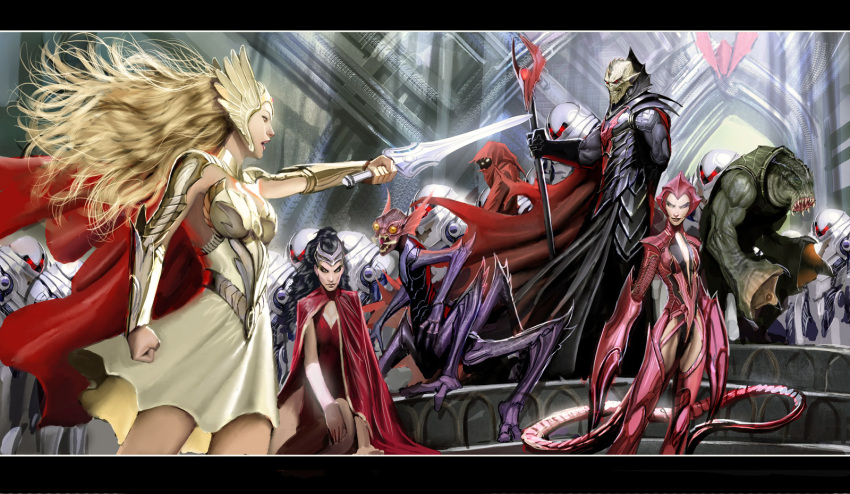 armor black_hair blonde_hair cape catra claws epic fortress hordak leech long_hair mantenna masters_of_the_universe realistic red_eyes scorpia shadow_weaver she-ra skirt soldier staff sword weapon
