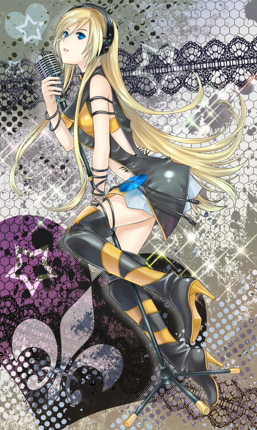 blue_eyes boots cable cd fleur_de_lis headphones heart highres legs lily_(vocaloid) microphone microphone_stand miniskirt ohse skirt solo star tattoo thigh-highs thigh_boots thighhighs vintage_microphone vocaloid