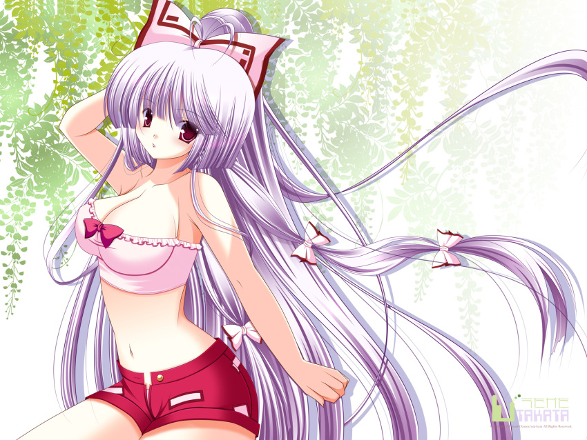 bow breasts cleavage curvy fujiwara_no_mokou hair_bow hair_ribbon highres hips hiyori-o large_breasts long_hair midriff open_fly red_eyes ribbon short_shorts shorts silver_hair solo touhou unzipped wallpaper