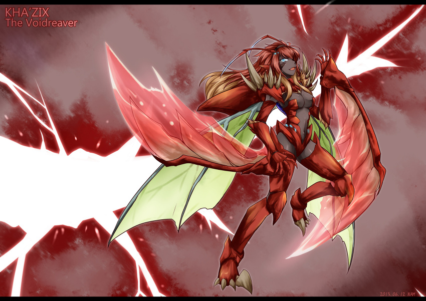 1girl antennae armor blue_eyes breasts claws cleavage dark_skin electricity fang genderswap hairband highres insect_girl kha'zix league_of_legends long_hair monster_girl multicolored_hair nam_(valckiry) personification redhead scythe shoulder_plates solo spikes two-tone_hair wings