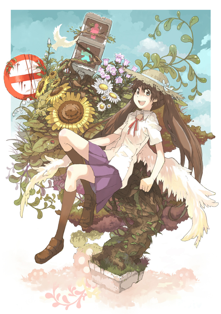 bellflower bird blue_eyes brown_hair daisy daisy_(flower) dove flower hat highres imoman ladybug legs lily_of_the_valley original school_uniform sign solo straw_hat sunflower traffic_light tree twintails wings