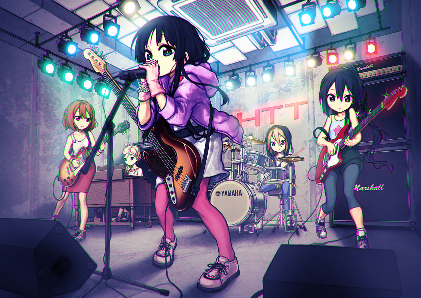 amplifier bad_id band bass_guitar black_eyes black_hair blonde_hair blue_eyes blue_legwear brown_eyes brown_hair casual drum drum_set guitar hair_down highres hirasawa_yui instrument k-on! kotobuki_tsumugi legs long_hair nakano_azusa nikerabi no_thank_you no_thank_you! pantyhose pink_legwear short_hair speaker synthesizer tainaka_ritsu