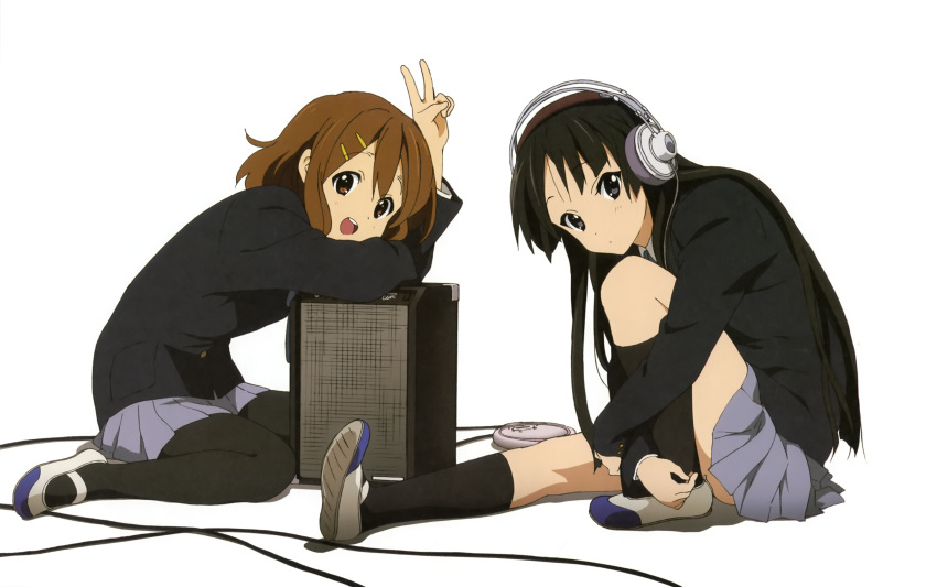 absurdres akg akiyama_mio black_eyes black_hair brown_eyes brown_hair hair_ornament hairclip headphones highres hirasawa_yui k-on! kneeling leg_hug long_hair multiple_girls open_mouth pantyhose school_uniform socks speaker uwabaki v very_long_hair