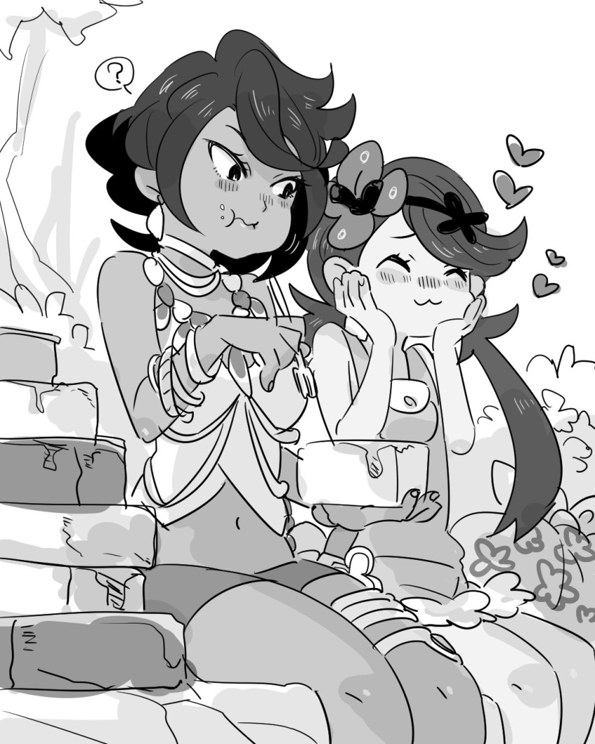 2girls :3 ? amapippi052525 bracelet closed_eyes dark_skin eating elite_four flower fork greyscale hair_flower hair_ornament hands_on_own_cheeks hands_on_own_face heart highres island_kahuna jewelry long_hair lychee_(pokemon) mallow_(pokemon) monochrome multiple_girls necklace npc npc_trainer overalls pokemon pokemon_(game) pokemon_sm short_hair shorts sitting spoken_question_mark trial_captain twintails