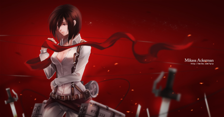 1girl brown_eyes brown_hair cable crying field_of_blades highres mikasa_ackerman planted_sword planted_weapon scarf shingeki_no_kyojin short_hair solo sword three-dimensional_maneuver_gear tpip_(aixuan) weapon