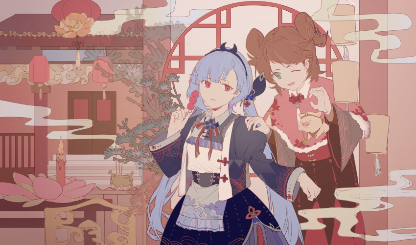 2girls apron architecture black_skirt blue_flower blue_hair blue_hairband blue_jacket blue_sleeves bow bowtie brown_hair candle capelet chinese_clothes claw_pose clenched_hand collar collared_dress collared_shirt commentary_request dango door double_bun dress east_asian_architecture fire flat_color floral_print flower flower_button flower_knot food frown fur-trimmed_capelet fur_trim green_eyes grey_collar grey_sleeves hair_bun hair_flower hair_ornament hairband hand_on_another's_shoulder highres holding holding_food jacket juliet_sleeves lattice lobelia_(saclia) long_hair long_sleeves looking_at_another lotus low_twintails multiple_girls one_eye_closed open_clothes open_jacket open_mouth orange_flower original outdoors parted_lips pink_capelet pink_flower plant potted_plant puffy_sleeves red_bow red_bowtie red_flower red_shirt red_skirt shirt short_hair short_twintails skirt smile smoke stairs tassel twintails two-tone_skirt wagashi waist_apron white_apron white_collar wide_sleeves