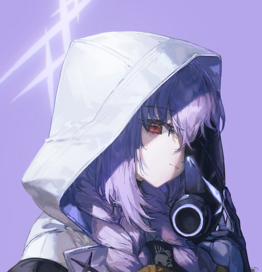 1girl atsuko_(blue_archive) black_gloves blue_archive braid closed_mouth gloves grey_halo halo highres holding holding_mask hood hood_up hooded_jacket jacket long_hair looking_at_viewer mask portrait purple_background purple_hair quasarcake red_eyes simple_background solo twin_braids white_jacket