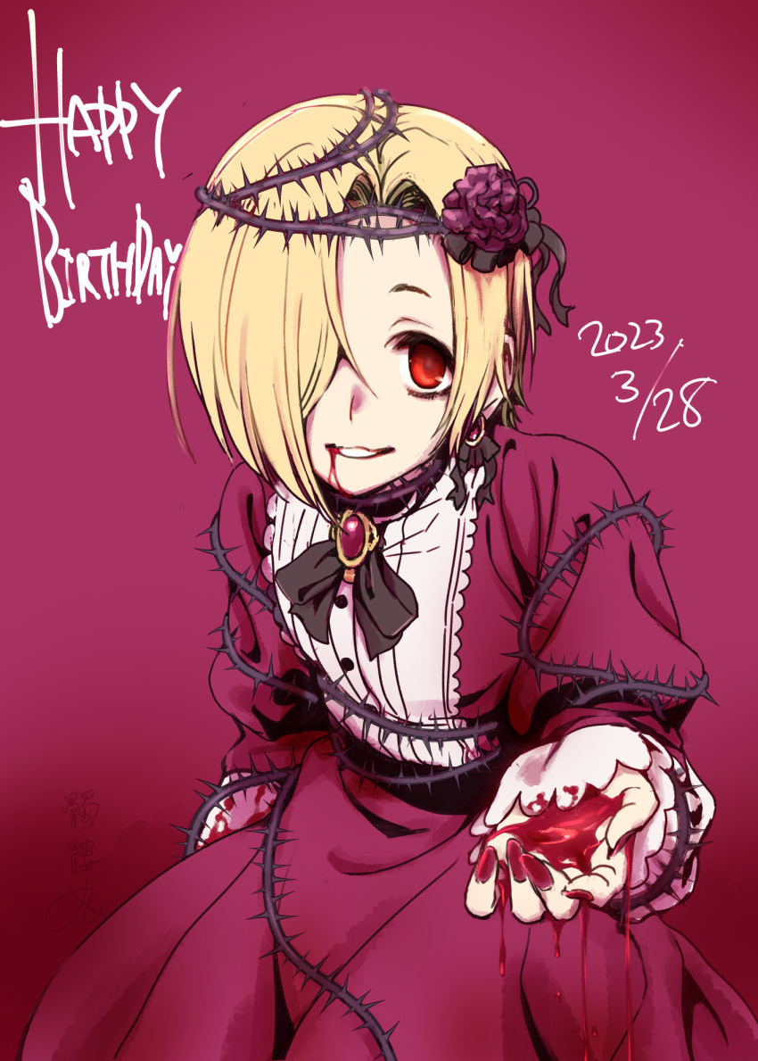 1girl blonde_hair blood blood_from_mouth blood_on_clothes blood_on_hands brooch crown_of_thorns dated dokuromaru dress earrings flower hair_flower hair_ornament happy_birthday highres idolmaster idolmaster_cinderella_girls jewelry looking_at_viewer parted_lips plant red_dress red_eyes red_nails shirasaka_koume short_hair smile solo thorns vines