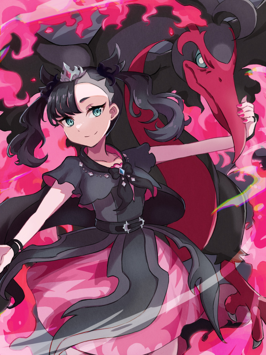 1girl absurdres black_dress black_hair black_wristband blue_eyes closed_mouth dress fire galarian_moltres highres layered_dress looking_at_viewer marnie_(champion)_(pokemon) marnie_(pokemon) official_alternate_costume official_alternate_hairstyle pink_nails piyo_to_game pokemon pokemon_(creature) pokemon_masters_ex short_sleeves smile solo tiara twintails wristband