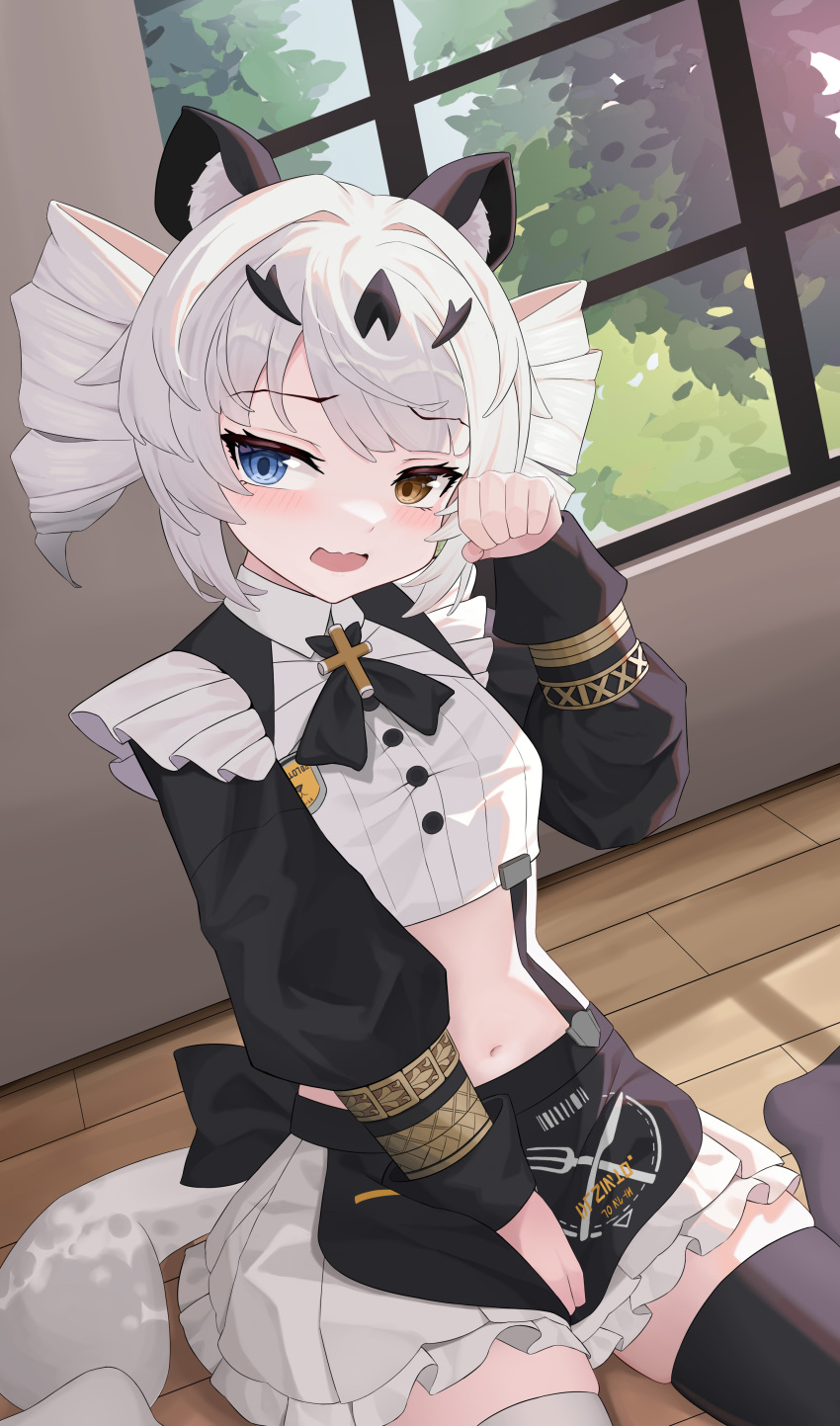 1girl absurdres animal_ears apron asymmetrical_bangs black_apron black_sleeves black_thighhighs blue_eyes blush commentary_request drill_hair grey_hair hand_on_own_crotch heterochromia highres karenina:_ember_(deed_of_snow_leopard)_(punishing:_gray_raven) karenina_(punishing:_gray_raven) leopard_ears leopard_tail long_sleeves midriff ningmengege open_mouth orange_eyes paw_pose punishing:_gray_raven shirt sidelocks solo tail thigh-highs twin_drills waist_apron white_shirt