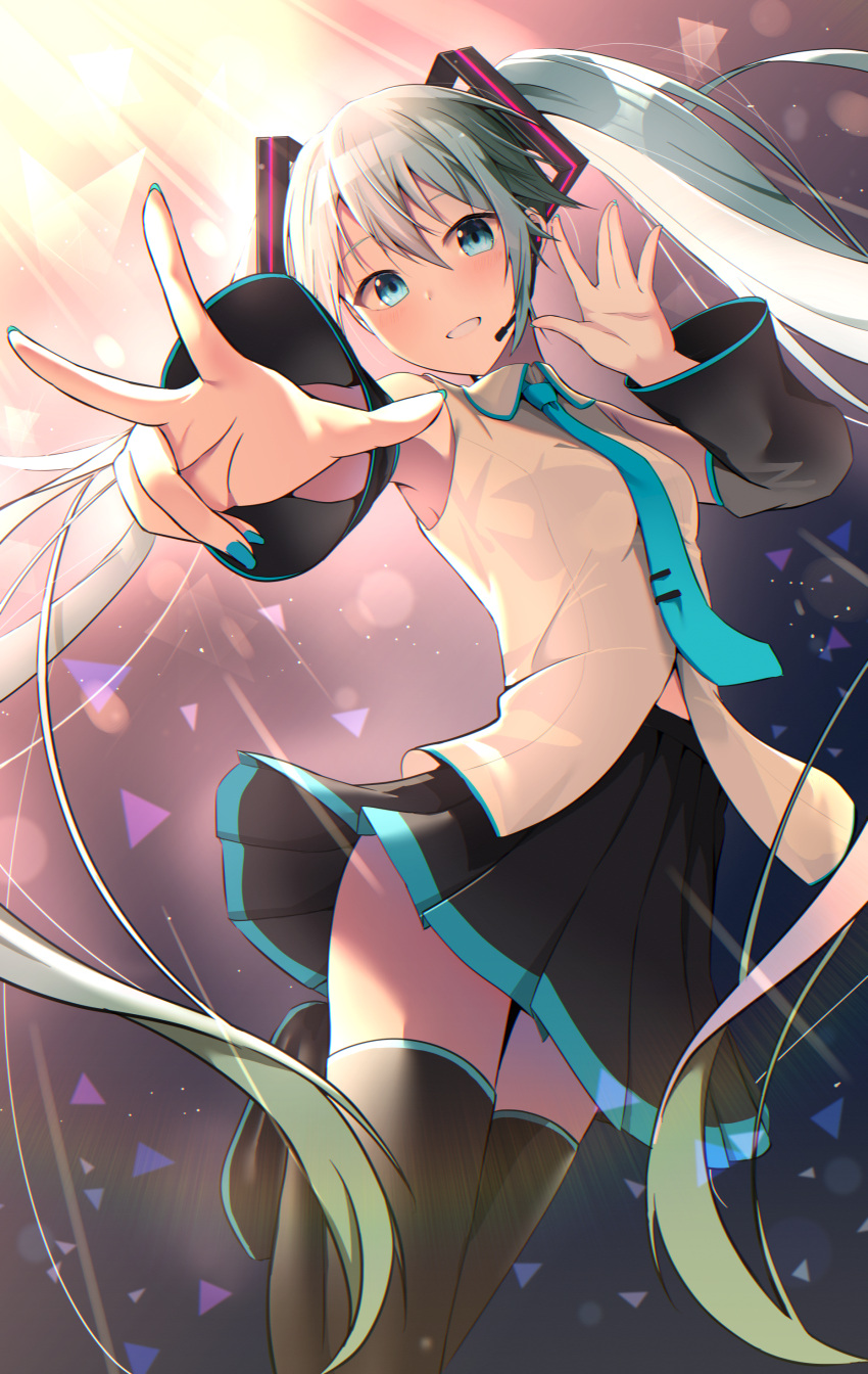 1girl absurdres bare_shoulders black_footwear black_skirt black_sleeves blue_eyes blue_hair blue_necktie blush boots breasts cac_itinose collared_shirt commentary_request detached_sleeves dress_shirt grin hair_between_eyes hatsune_miku head_tilt headset highres long_hair long_sleeves looking_at_viewer necktie outstretched_arm pleated_skirt shirt skirt sleeveless sleeveless_shirt small_breasts smile solo thigh_boots tie_clip twintails very_long_hair vocaloid white_shirt wide_sleeves