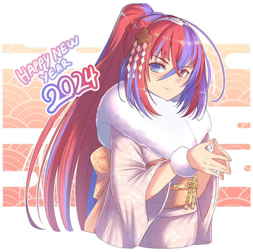 1girl 2024 alear_(female)_(fire_emblem) alear_(fire_emblem) blue_eyes blue_hair cat_with_a_brush closed_mouth crossed_bangs fire_emblem fire_emblem_engage hair_between_eyes hair_ornament happy_new_year heterochromia highres japanese_clothes kimono long_hair looking_at_viewer multicolored_hair new_year obi ponytail red_eyes redhead sash smile solo steepled_fingers two-tone_hair upper_body very_long_hair wide_sleeves