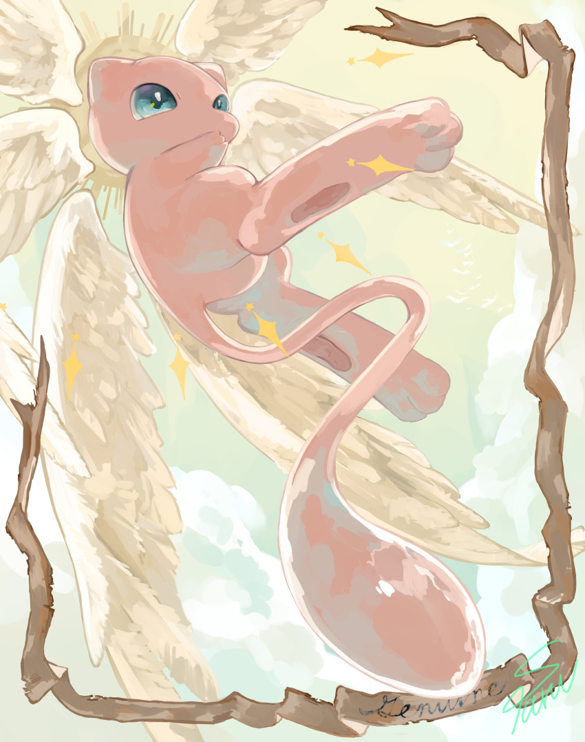 absurdres angel_wings artist_name colored_skin flying from_below green_eyes highres looking_down mew_(pokemon) no_humans pink_skin pokemon pokemon_(creature) st_strp wings