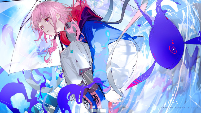 1girl blue_footwear blue_jacket blue_sky boots cross-laced_footwear day dress dutch_angle fish floating_hair flying_fish hair_over_shoulder hair_tubes highres holding holding_umbrella hood hood_down hooded_jacket jacket kaf_(kamitsubaki_studio) kamitsubaki_studio laplace_(kamitsubaki_studio) long_sleeves looking_up low_twintails multicolored_eyes nishikikope outdoors parted_lips pink_hair rain red_eyes ripples sitting sitting_on_liquid sky solo transparent transparent_umbrella turtleneck_dress twintails umbrella umbrella_over_shoulder violet_eyes virtual_youtuber white_dress yellow_pupils