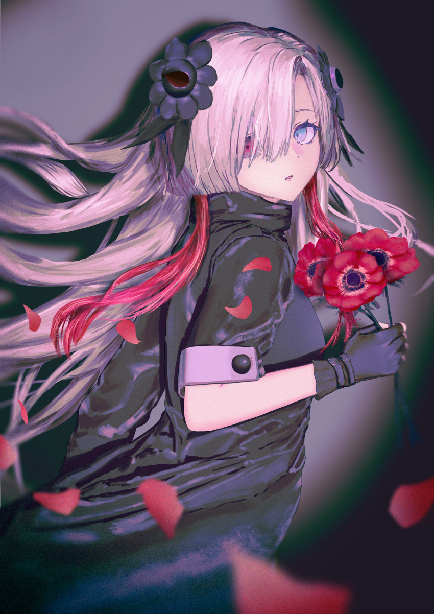 absurdres anemone_(flower) asymmetrical_sleeves black_coat black_flower black_gloves blonde_hair blue_eyes coat commentary_request cowboy_shot eni_rei falling_petals fingerless_gloves floating_hair flower from_side gloves grey_background hair_over_one_eye hand_up heterochromia highres holding holding_flower isekai_joucho kamitsubaki_studio long_hair looking_at_viewer looking_to_the_side multicolored_hair parted_lips petals red_eyes red_flower redhead shadow spotlight streaked_hair turtleneck uneven_sleeves virtual_youtuber wind