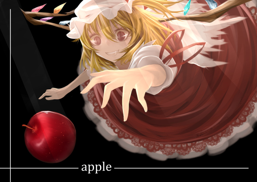 1girl ankh_(ankh_05) apple black_background blonde_hair dark_background english_text flandre_scarlet food fruit glowing glowing_wings hat lace-trimmed_skirt lace_trim looking_at_food mob_cap multicolored_wings puffy_short_sleeves puffy_sleeves red_apple red_eyes red_skirt red_vest shirt short_sleeves simple_background skirt sleeve_ribbon solo touhou vest white_headwear white_shirt wings