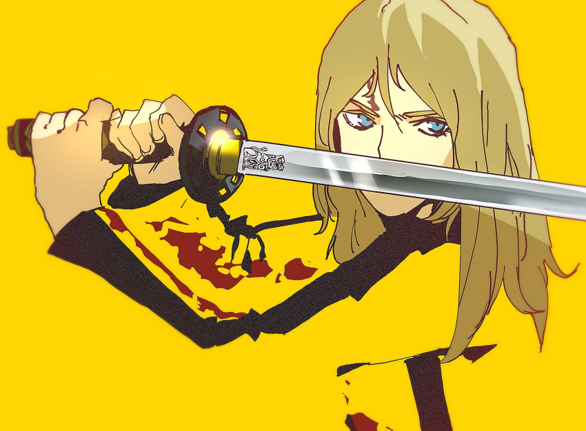 1girl animification beatrix_kiddo blending blonde_hair blue_eyes bruce_lee's_jumpsuit covered_mouth film_grain fingernails hair_between_eyes highres isaacchief300 jumpsuit katana kill_bill long_hair looking_to_the_side simple_background solo sword sword_guard_stance track_suit upper_body weapon yellow_background yellow_jumpsuit