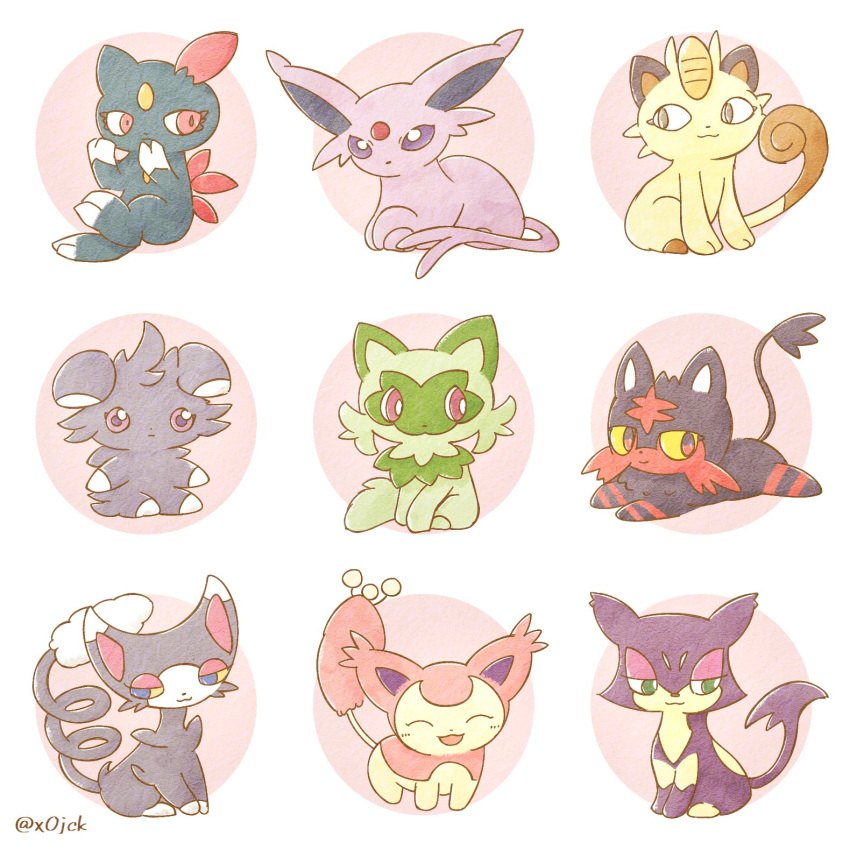 :3 animal_focus artist_name black_fur blue_eyes bright_pupils brown_eyes claws closed_mouth colored_sclera commentary_request curled_tail espeon espurr forehead_jewel forked_tail glameow green_eyes green_fur grey_fur highres jack-san litten lying meowth no_humans on_stomach pokemon pokemon_(creature) purple_fur purrloin red_eyes red_fur sitting skitty smile sneasel species_connection sprigatito tail twitter_username two-tone_fur violet_eyes white_pupils yellow_sclera