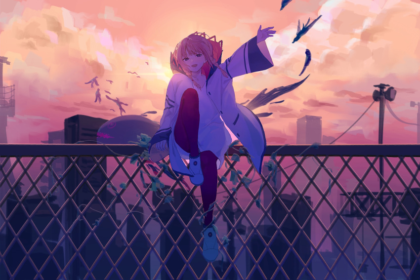 1girl arm_up backlighting braid building chain-link_fence city clouds cloudy_sky coat commentary_request dress fence floating_hair full_body hair_over_shoulder half-closed_eyes highres hood hood_down hooded_coat kaf_(kamitsubaki_studio) kamitsubaki_studio knee_up laplace_(kamitsubaki_studio) lens_flare long_hair long_sleeves looking_at_viewer low_twin_braids meito_(tomakary) open_clothes open_coat orange_sky outdoors pink_hair plant power_lines shoes short_dress simple_bird sitting_on_fence sky smile solo sunset twin_braids urban utility_pole vines virtual_youtuber waving white_coat white_dress white_footwear