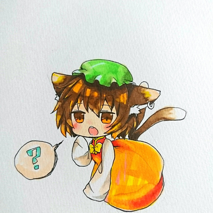 1girl :o ? animal_ear_fluff animal_ear_piercing animal_ears blush bow bowtie brown_eyes brown_hair cat_ears chaki_(kinaneko2149) chen chibi commentary_request dress earrings ears_down full_body green_headwear hand_up hat highres jewelry kneeling long_sleeves mob_cap open_mouth red_dress short_hair simple_background single_earring sleeves_past_fingers sleeves_past_wrists solo spoken_question_mark teeth touhou traditional_media upper_teeth_only white_background yellow_bow yellow_bowtie
