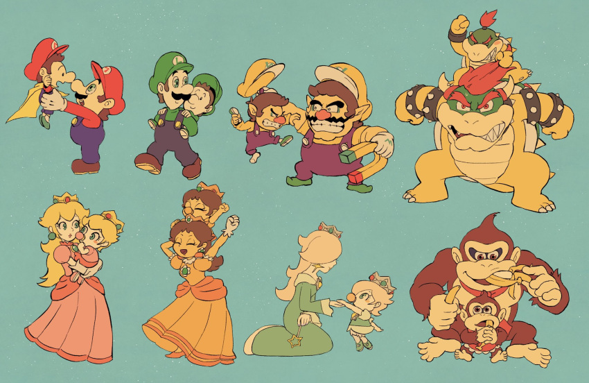 6+boys 6+girls :d ^_^ angry aqua_background aqua_dress arm_up armlet arms_up baby baby_bowser baby_daisy baby_donkey_kong baby_luigi baby_mario baby_peach baby_rosalina baby_wario banana blonde_hair blue_eyes blue_overalls blue_pants bowser bracelet brooch brown_eyes brown_footwear brown_hair cape carrying claws cleft_chin clenched_hands clenched_teeth closed_eyes closed_mouth collar commentary_request crown donkey_kong dress earrings eating elbow_gloves eye_contact eyelashes facial_hair flower_earrings food fruit gloves green_footwear green_headwear green_shirt hat highres holding holding_food holding_fruit holding_hands holding_wand horns jewelry lips long_hair long_sleeves looking_at_another luigi magnet mario multiple_boys multiple_girls mustache necktie open_mouth orange_dress overalls pacifier pants piggyback pink_dress pointy_ears princess_daisy princess_peach profile puffy_short_sleeves puffy_sleeves purple_overalls purple_pants red_eyes red_headwear red_necktie red_shirt redhead rinabee_(rinabele0120) rosalina sharp_teeth shirt shoes short_hair short_sleeves shoulder_carry simple_background sitting smile sphere_earrings spiked_armlet spiked_bracelet spiked_collar spiked_shell spikes star_(symbol) star_brooch star_earrings star_wand super_mario_bros. swept_bangs teeth time_paradox topknot turtle_shell upper_teeth_only v-shaped_eyebrows walking wand wario white_gloves yellow_cape yellow_headwear yellow_shirt yoshi's_island_ds