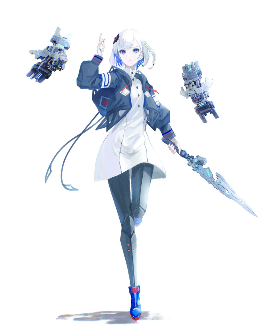 1girl black_jacket black_leggings blue_eyes blue_footwear blue_hair boots braid buttons cevio closed_mouth colored_inner_hair commentary diamond_earrings dress drone earrings full_body hair_ornament hand_up highres holding holding_sword holding_weapon hood hood_down hooded_jacket jacket jewelry kamitsubaki_studio leggings long_sleeves looking_at_viewer mey_(me_hanamomo) multicolored_eyes multicolored_hair open_clothes open_jacket puffy_long_sleeves puffy_sleeves red_eyes rime_(cevio) serious short_dress short_hair side_braid simple_background single_earring snapping_fingers solo standing standing_on_one_leg sword turtleneck_dress v-shaped_eyebrows weapon white_background white_dress white_hair
