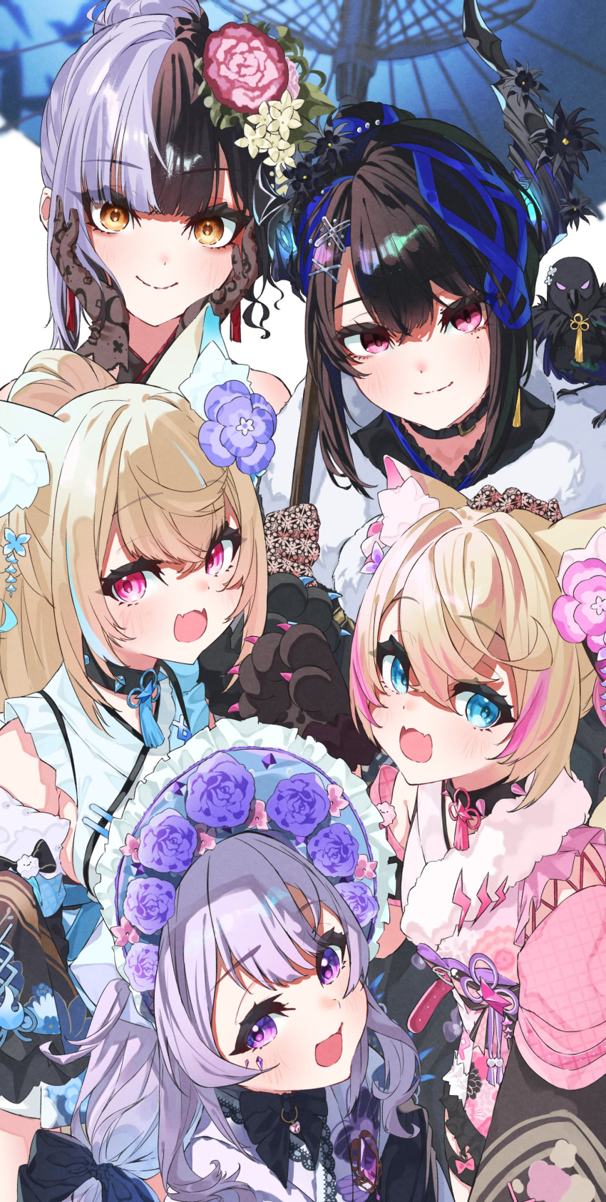 5girls absurdres animal_ears animal_hands animal_on_shoulder asymmetrical_horns azusa_(azunyan12) bird bird_on_shoulder black_hair blonde_hair blue_eyes bonnet collar demon_horns dog_ears dog_girl fangs flower fuwawa_abyssgard fuwawa_abyssgard_(new_year) gloves grey_hair hair_flower hair_ornament hands_on_own_face highres holoadvent hololive hololive_english horns japanese_clothes kimono koseki_bijou koseki_bijou_(new_year) lace lace_gloves long_hair mococo_abyssgard mococo_abyssgard_(new_year) mole mole_under_eye multicolored_hair multiple_girls nerissa_ravencroft nerissa_ravencroft_(new_year) official_alternate_costume oil-paper_umbrella orange_eyes paw_gloves pink_eyes pink_kimono ponytail purple_kimono red_eyes shadow_(nerissa_ravencroft) shiori_novella shiori_novella_(new_year) siblings sisters skin_fangs spiked_collar spikes split-color_hair twins umbrella violet_eyes virtual_youtuber