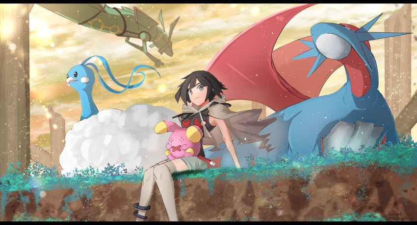 1girl absurdres altaria bird black_hair blue_skin closed_mouth clouds colored_skin commentary_request dirt dragon_wings fluffy grey_eyes grey_scarf highres joints on_grass pokemon pokemon_(creature) pokemon_oras rayquaza salamence scarf short_hair shorts sitting sky whismur wings yellow_sky zeroartwo zinnia_(pokemon)