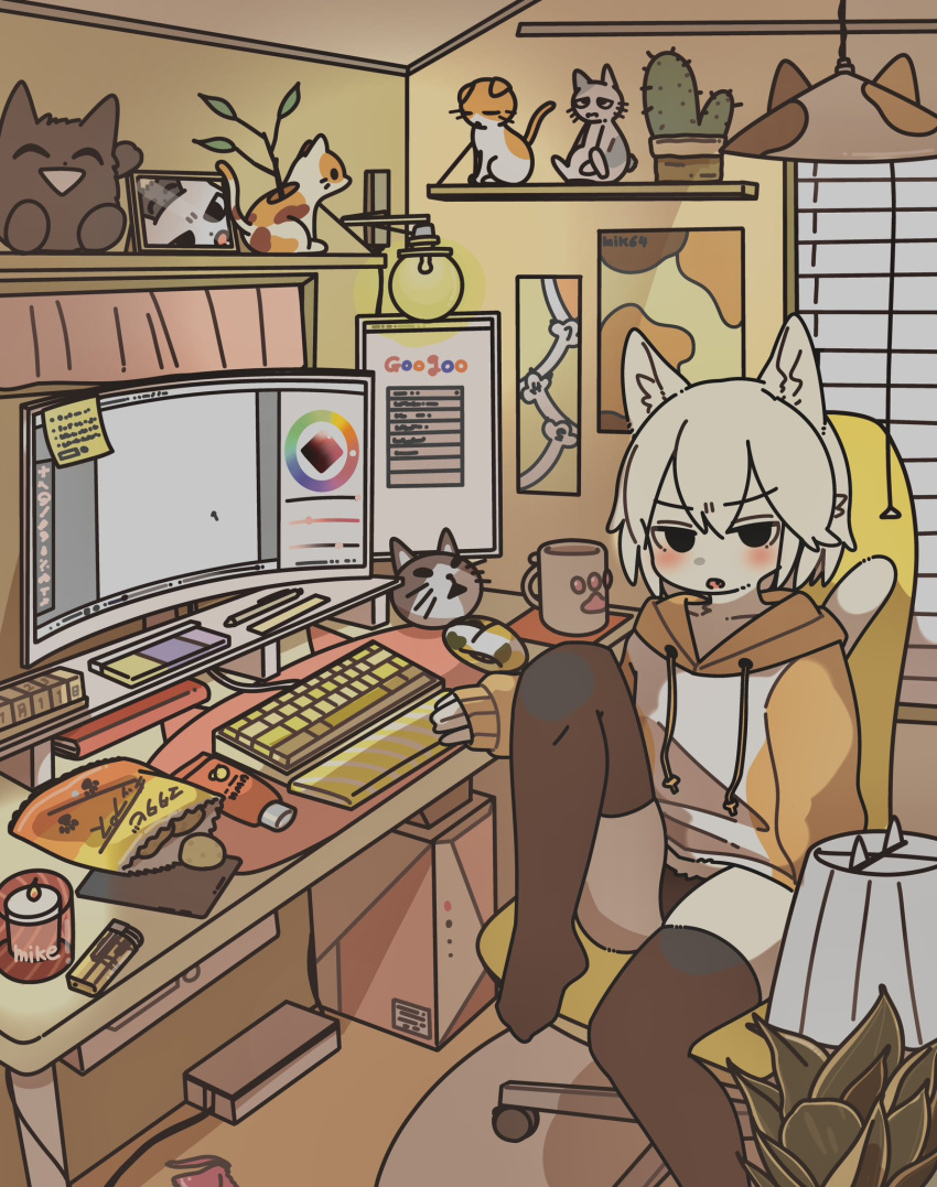 1girl animal_ears black_eyes black_thighhighs blush cactus cat_ears cat_girl cat_tail collarbone doremifaso64 furry furry_female highres hood hoodie indoors keyboard_(computer) knee_up looking_at_viewer monitor original parted_lips sitting solo swivel_chair tail thigh-highs white_hair window_blinds