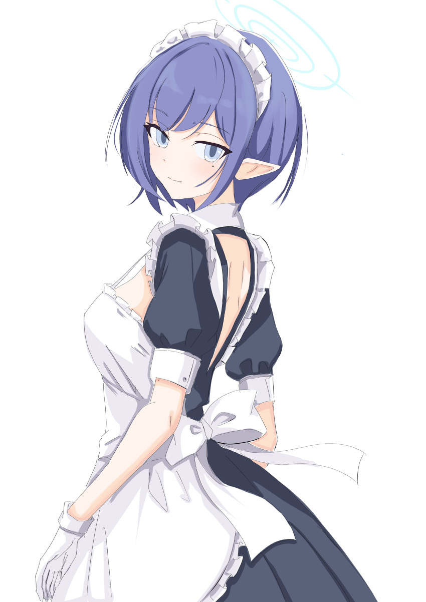 1girl absurdres alternate_costume aoi_(blue_archive) apron black_dress blue_archive blue_eyes breasts closed_mouth commentary_request cowboy_shot dress enmaided frilled_apron frills from_side gloves highres kamitosayu light_blush light_smile looking_at_viewer maid maid_headdress mole mole_under_eye pointy_ears puffy_short_sleeves puffy_sleeves purple_hair short_hair short_sleeves simple_background solo white_apron white_background white_gloves