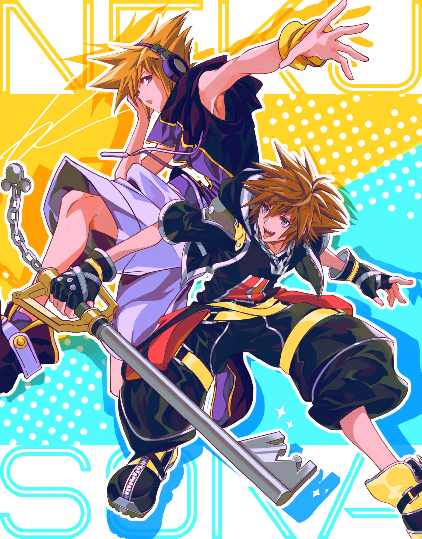 2boys absurdres arm_up black_jacket black_pants black_shirt blue_eyes boots brown_hair chain chain_necklace character_name commentary cropped_jacket drop_shadow full_body grey_eyes hand_on_headphones hand_up happy headphones highres holding holding_weapon hood hoodie jacket jewelry jumping keyblade kingdom_hearts kingdom_hearts_3d_dream_drop_distance leaning_forward leg_up looking_at_another male_focus multicolored_background multicolored_footwear multicolored_shirt multiple_boys necklace open_clothes open_jacket open_mouth orange_hair outstretched_arm outstretched_hand pants polka_dot puffy_pants purple_headphones purple_headwear purple_shorts roku_(gansuns) sakuraba_neku shirt shoes short_hair shorts sleeveless sleeveless_hoodie smile sora_(kingdom_hearts) sparkle spiky_hair standing subarashiki_kono_sekai thigh_strap v-neck weapon wristband yellow_wristband zipper