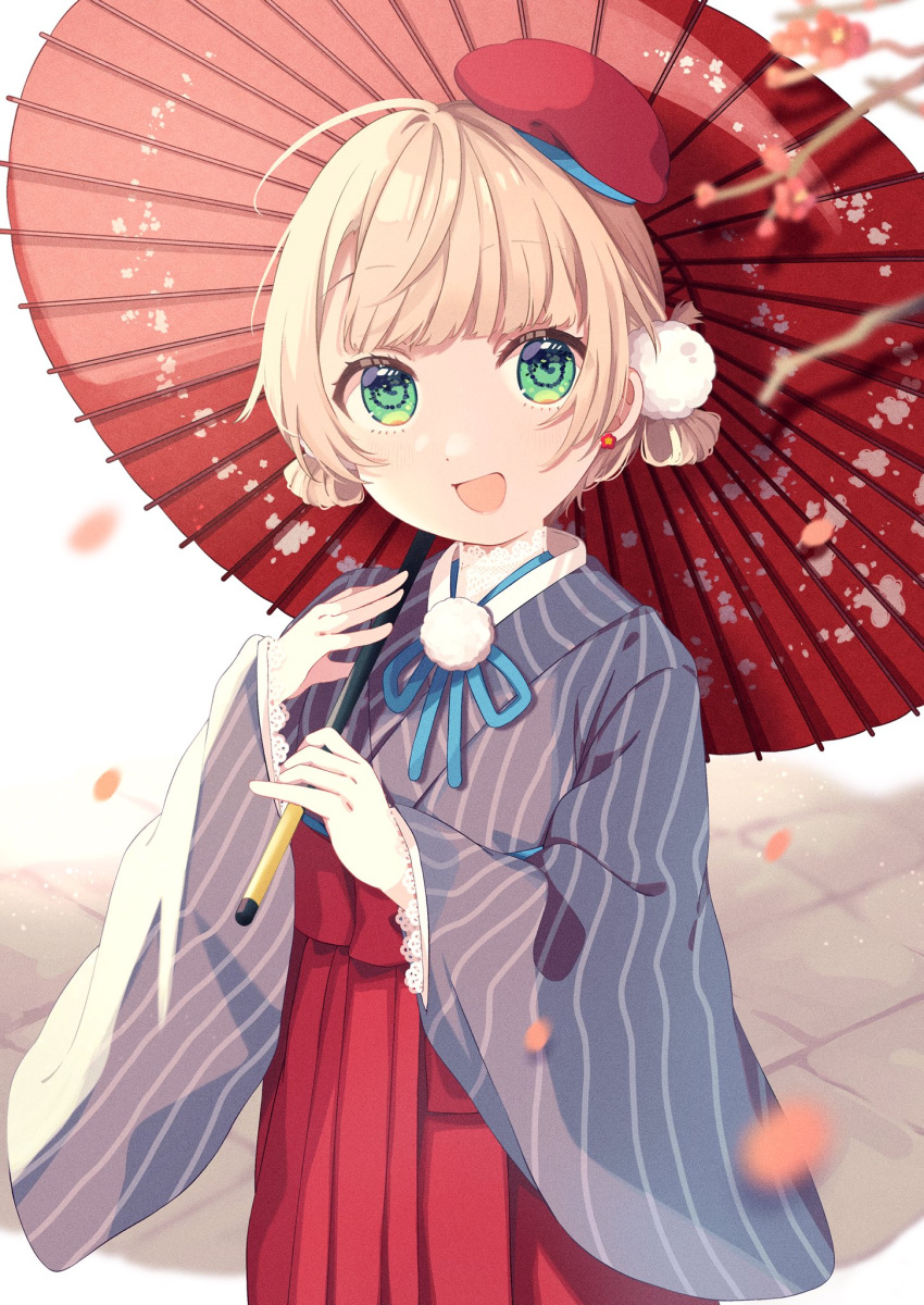 1girl :d alternate_costume beret blonde_hair blue_ribbon blunt_bangs commentary_request dot_nose earrings eyelashes falling_petals flat_chest flower flower_earrings green_eyes hair_ornament hair_rings hakama hat high-waist_skirt highres holding holding_umbrella indie_virtual_youtuber japanese_clothes jewelry kosode lace-trimmed_shirt lace-trimmed_sleeves lace_trim looking_at_viewer mini_hat neck_ribbon nobori_yuzu oil-paper_umbrella open_mouth petals pinky_out pom_pom_(clothes) pom_pom_hair_ornament red_flower red_hakama red_headwear red_umbrella ribbon shigure_ui_(vtuber) shirt short_hair skirt smile solo swept_bangs tile_floor tiles umbrella underbust virtual_youtuber wind