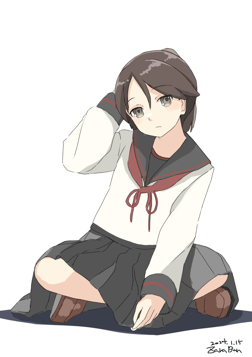 1girl adapted_costume alternate_hair_color alternate_sleeve_length artist_name black_hair black_sailor_collar black_skirt brown_eyes brown_neckerchief dated hair_between_eyes highres indian_style kantai_collection long_sleeves medium_hair neckerchief one-hour_drawing_challenge pleated_skirt ponytail sailor_collar sailor_shirt shikinami_(kancolle) shikinami_kai_ni_(kancolle) shirt sitting skirt solo toplow white_shirt
