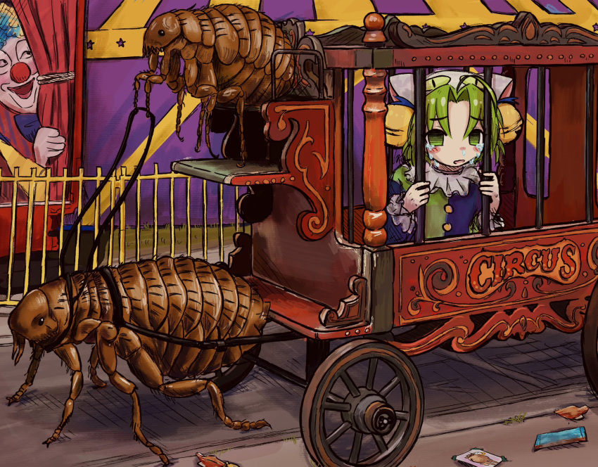 1girl animal_ears animal_focus animal_hat bell bubbacterial bug carriage cat_ears cat_hat circus clown crying crying_with_eyes_open dejiko di_gi_charat gradient_eyes green_eyes green_hair hair_bell hair_ornament hat highres in_cage jester_costume jingle_bell looking_at_viewer multicolored_eyes open_mouth parted_bangs short_hair tears