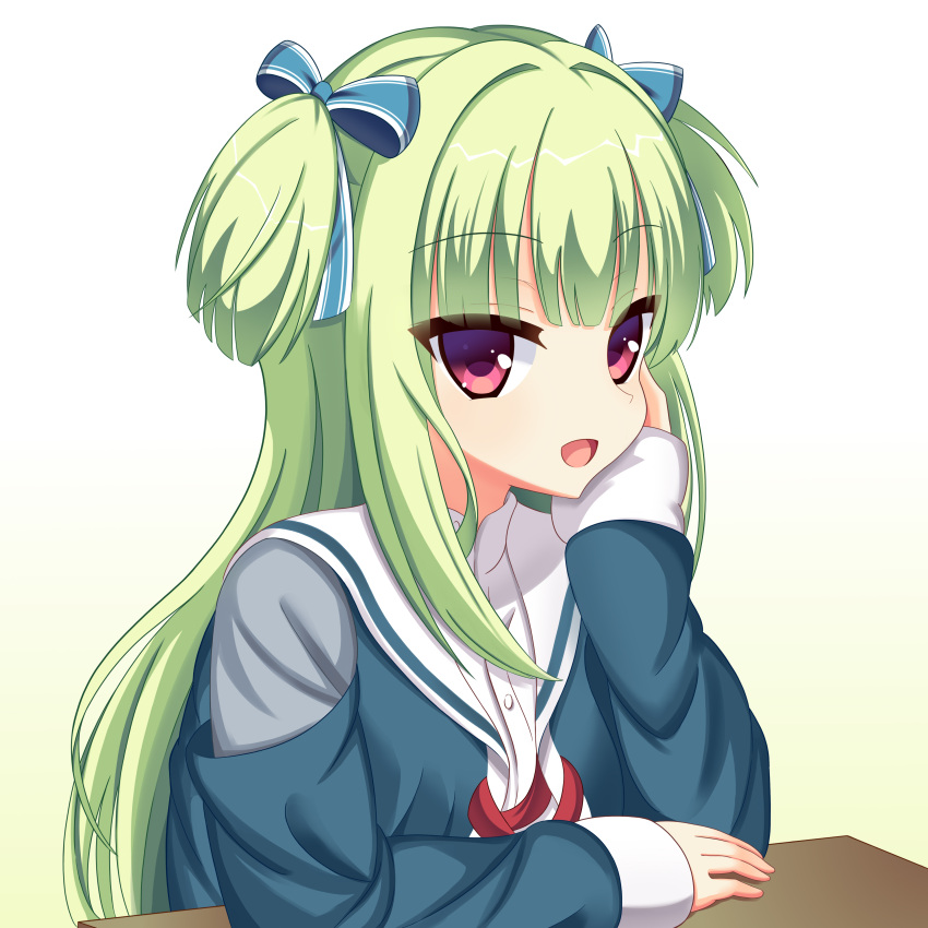 1girl 2023 absurdres aqua_jacket arm_on_table blue_ribbon blunt_bangs chinese_commentary commentary_request dated_commentary gradient_background green_background green_hair hair_ribbon hand_on_own_cheek hand_on_own_face hand_up head_rest highres hime_cut jacket long_hair long_sleeves looking_at_viewer murasame_(senren) nmudml2 official_alternate_costume official_alternate_hairstyle open_mouth red_eyes ribbon sailor_collar school_uniform senren_banka sidelocks simple_background smile solo straight_hair two_side_up upper_body very_long_hair white_background white_sailor_collar