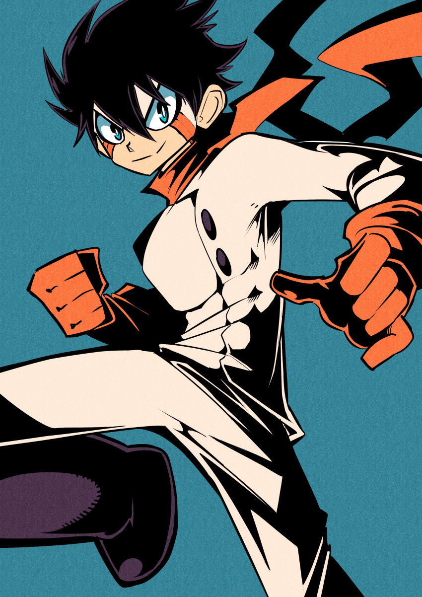 1boy absurdres black_hair blue_background blue_eyes bright_pupils buttons chiro_(srmthfg) clenched_hand closed_mouth commentary english_commentary facial_mark gloves hair_between_eyes highres jacket long_sleeves looking_at_viewer male_focus orange_gloves orange_scarf pants scarf short_hair simple_background smile solo split_mouth super_robot_monkey_team_hyperforce_go! v-shaped_eyes vakodraws white_jacket white_pants white_pupils