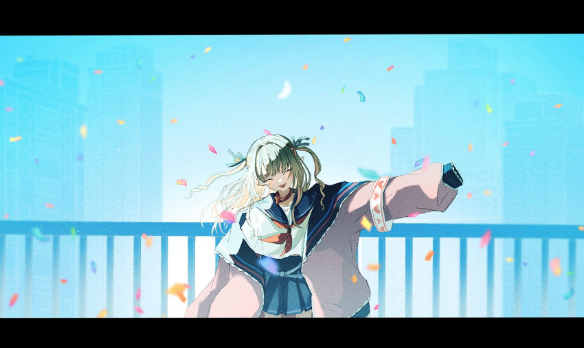 1girl armband blue_sailor_collar blue_skirt blush cityscape closed_eyes collar confetti facing_viewer grey_hair jacket letterboxed long_hair makaino_ririmu makaino_ririmu_(4th_costume) multicolored_hair nijisanji okome_(suihanki216) open_mouth outdoors pink_hair pink_jacket pointy_ears railing red_collar sailor_collar school_uniform serafuku shirt skirt sleeves_past_fingers sleeves_past_wrists smile solo two-tone_hair two_side_up virtual_youtuber white_shirt