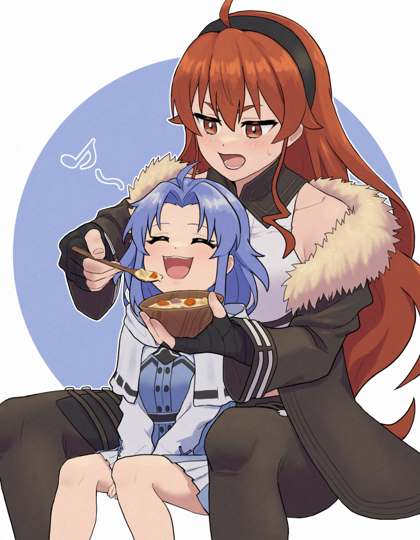 2girls absurdres ahoge black_coat black_hairband black_pants blue_dress blue_hair blue_scarf blue_skirt breasts coat commentary_request commission dress eris_greyrat feeding feet_out_of_frame flat_chest food fur_coat hair_between_eyes hairband highres lara_greyrat large_breasts light_blush long_hair lower_teeth_only multiple_girls mushoku_tensei musical_note open_mouth pants pixiv_commission redhead scarf shirt short_hair sitting skirt sleeveless sleeveless_shirt smile soup spoken_musical_note sweatdrop teeth upper_teeth_only urin_(littleurin) white_shirt wooden_bowl wooden_spoon