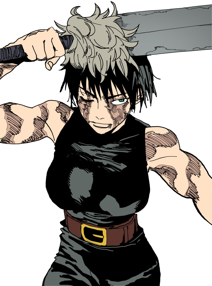 1girl absurdres arm_up bare_arms belt belt_buckle biceps black_hair black_pants black_shirt breasts buckle burn_scar closed_mouth cowboy_shot deltoids flat_color green_eyes high-waist_pants highres holding holding_sword holding_weapon isaacchief300 jujutsu_kaisen large_breasts lips looking_to_the_side muscular muscular_female one_eye_closed pants scar scar_across_eye shirt short_hair simple_background sleeveless sleeveless_shirt solo straight_hair sword weapon white_background wide_belt zen'in_maki