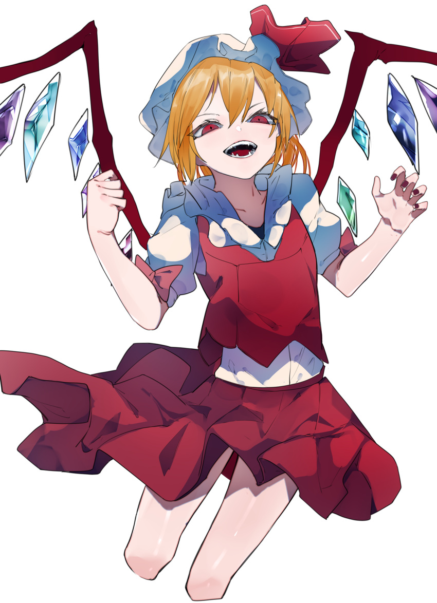 1girl blonde_hair claw_pose collarbone cropped_legs crystal fangs flandre_scarlet highres ikurauni looking_at_viewer medium_hair multicolored_wings open_mouth puffy_short_sleeves puffy_sleeves red_eyes red_skirt red_vest shirt short_sleeves simple_background skirt solo teeth touhou vest white_background white_headwear white_shirt wings