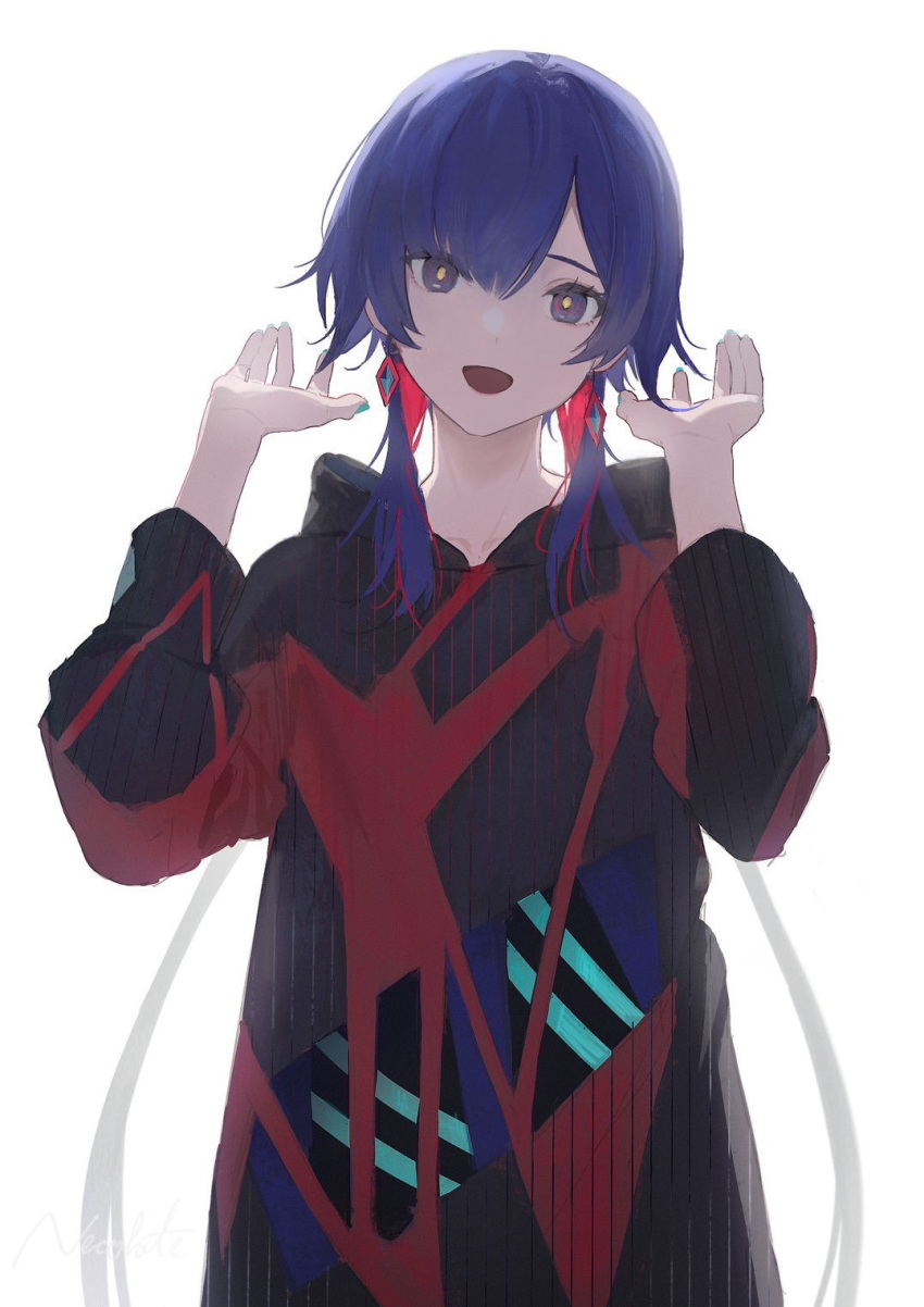 1girl backlighting black_coat blue_eyes blue_hair blue_nails blue_shirt clothing_cutout coat collarbone colored_inner_hair commentary_request cowboy_shot diamond_earrings earrings hair_over_shoulder hands_up head_tilt highres hood hood_down hooded_coat jewelry kamitsubaki_studio long_hair long_sleeves looking_at_viewer multicolored_coat multicolored_eyes multicolored_hair nekoreito red_coat red_eyes redhead rim_(kamitsubaki_studio) shirt simple_background smile solo two-tone_coat virtual_youtuber white_background wolf_cut yellow_pupils
