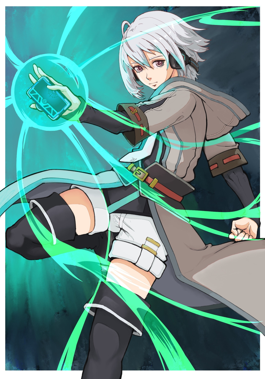 1boy ahoge belt black_thighhighs border casting_spell clenched_hand closed_mouth coat commentary_request eiyuu_densetsu eyelashes grey_coat grey_hair hair_between_eyes highres holding holding_phone kuro_no_kiseki male_focus outside_border phone quatre_salision red_eyes short_hair shorts solo thigh-highs white_border white_shorts yurya_(pixiv_13056154)