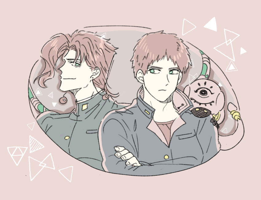2boys 7th_stand_user black_jacket cherry_earrings closed_mouth cropped_torso crossed_arms earrings english_commentary food-themed_earrings frown gakuran green_eyes green_gakuran green_jacket hierophant_green highres jacket jewelry jojo_no_kimyou_na_bouken kakyoin_noriaki long_sleeves looking_at_another looking_to_the_side male_focus male_protagonist_(7th_stand_user) miracles_(7th_stand_user) multiple_boys open_collar pink_background red_shirt redhead school_uniform shirt short_hair sideways_glance simple_background smile stand_(jojo) undershirt yoi_okayu