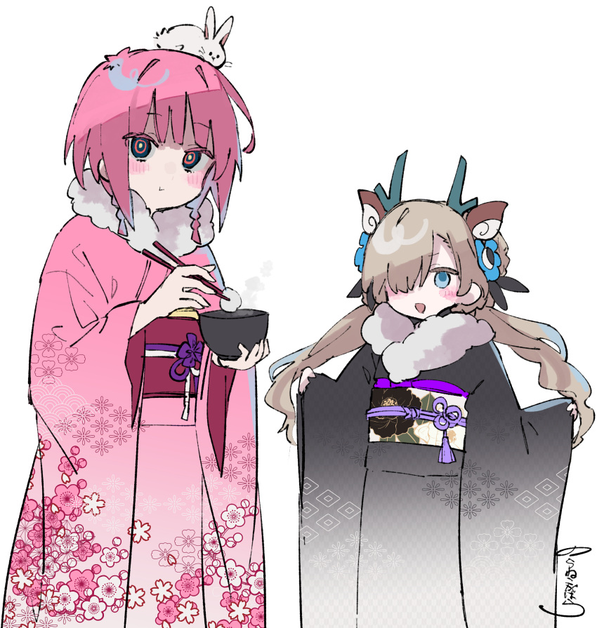 2girls absurdres alternate_costume alternate_hairstyle animal_ears animal_on_head black_kimono blue_eyes blue_flower blush_stickers bowl braid brown_hair cherry_blossoms chopsticks closed_mouth dragon_ears dragon_horns eating fake_animal_ears fake_horns feet_out_of_frame floral_print flower flower_knot food fur-trimmed_kimono fur_trim furisode gradient_kimono hair_bun hair_flower hair_ornament hair_over_one_eye hair_over_shoulder highres holding holding_bowl holding_chopsticks horns isekai_joucho japanese_clothes kaf_(kamitsubaki_studio) kamitsubaki_studio kimono long_hair looking_at_viewer low_twin_braids low_twintails medium_hair mochi multicolored_eyes multiple_girls noranekogahara obi obiage obidome obijime on_head pinching_sleeves pink_kimono print_kimono rabbit red_eyes sash signature simple_background standing twin_braids twintails unmoving_pattern v-shaped_eyebrows virtual_youtuber white_background yellow_pupils