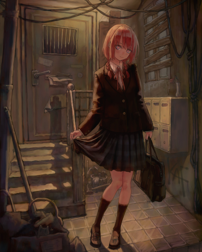 1girl absurdres bag barred_window black_jacket black_socks blazer blue_eyes blurry blurry_foreground boarded_windows braid cable character_name closed_mouth collared_shirt commentary_request door entrance full_body graffiti hair_over_shoulder highres holding holding_bag indoors jacket kaf_(kamitsubaki_studio) kamitsubaki_studio kneehighs loafers long_hair looking_at_viewer low_twin_braids multicolored_eyes neck_ribbon pink_hair pink_ribbon plant pleated_skirt potted_plant red_eyes ribbon school_bag shinsei_hanana shirt shoes skirt skirt_hold smile socks solo stairs tile_floor tiles twin_braids virtual_youtuber white_shirt wilted_flower yellow_pupils
