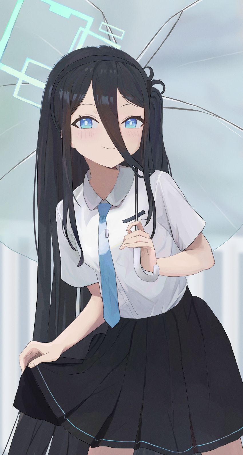 1girl absurdres aris_(blue_archive) black_hair blue_archive blue_eyes blush collared_shirt commentary cowboy_shot halo highres holding holding_umbrella kumare_yuki long_bangs long_hair looking_at_viewer necktie one_side_up pleated_skirt shirt short_sleeves skirt skirt_hold smile solo tie_clip umbrella very_long_hair