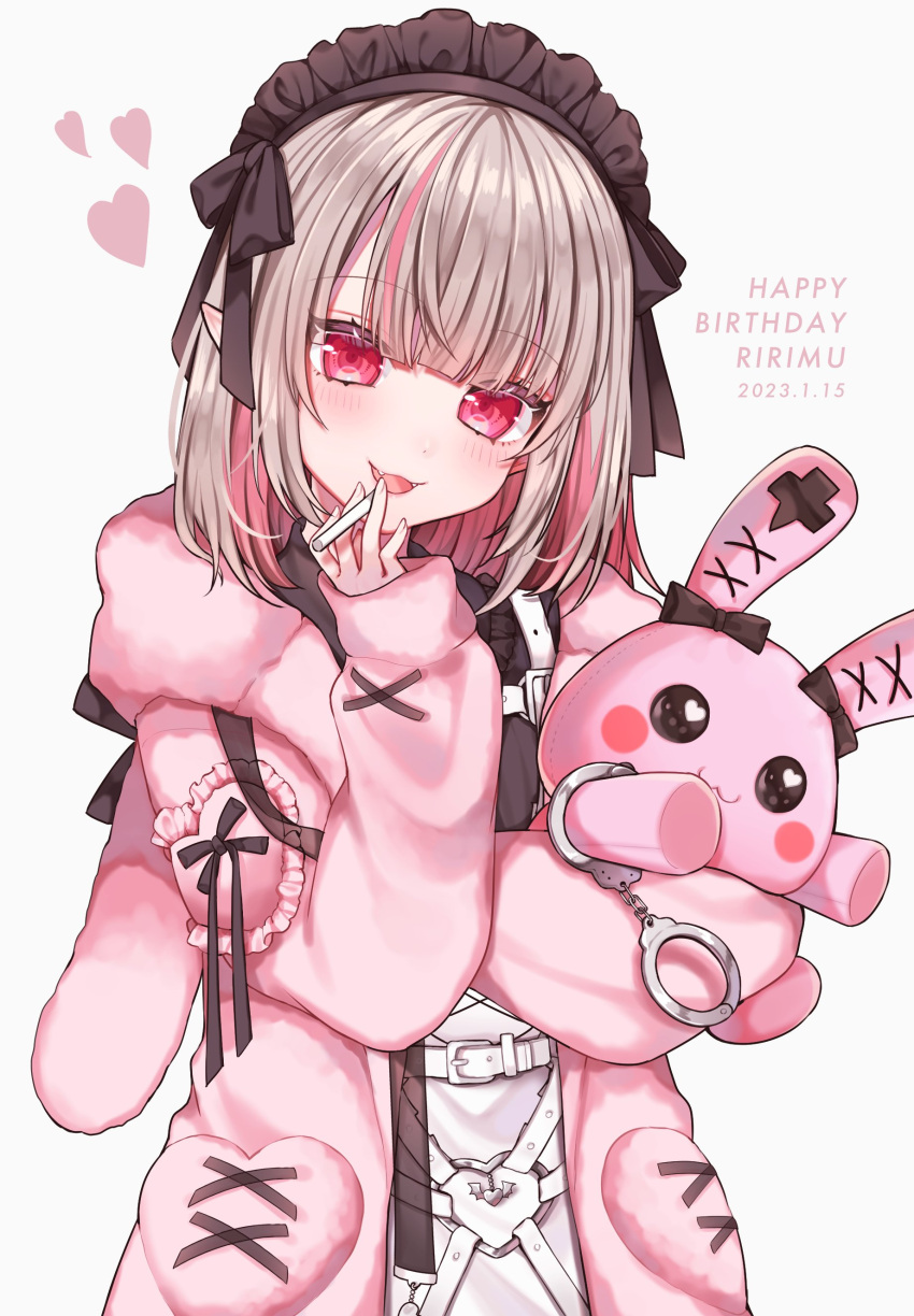 1girl absurdres apron black_dress black_headdress blush candy cigarette_candy cuffs dated dress fangs food grey_hair handcuffs happy_birthday heart hgrmfoods highres holding holding_stuffed_toy jacket looking_at_viewer maid_headdress makaino_ririmu makaino_ririmu_(5th_costume) medium_hair multicolored_hair nijisanji open_clothes open_jacket open_mouth pink_hair pink_jacket pointy_ears red_eyes simple_background smile solo stuffed_animal stuffed_rabbit stuffed_toy two-tone_hair virtual_youtuber white_apron white_background
